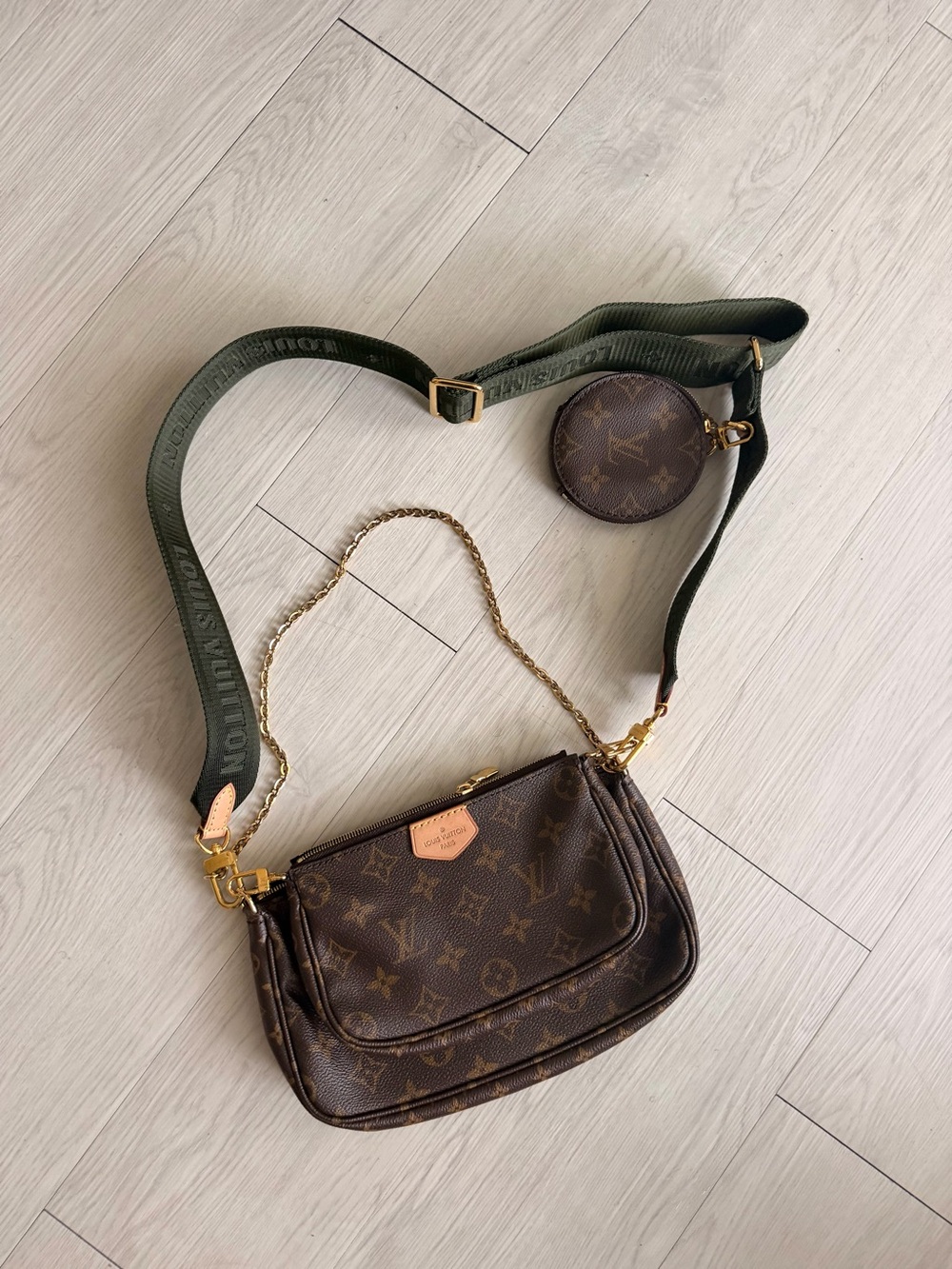 Louis Vuitton Brown Monogram Canvas Multi Pochette with Olive Strap & Coin Pouch